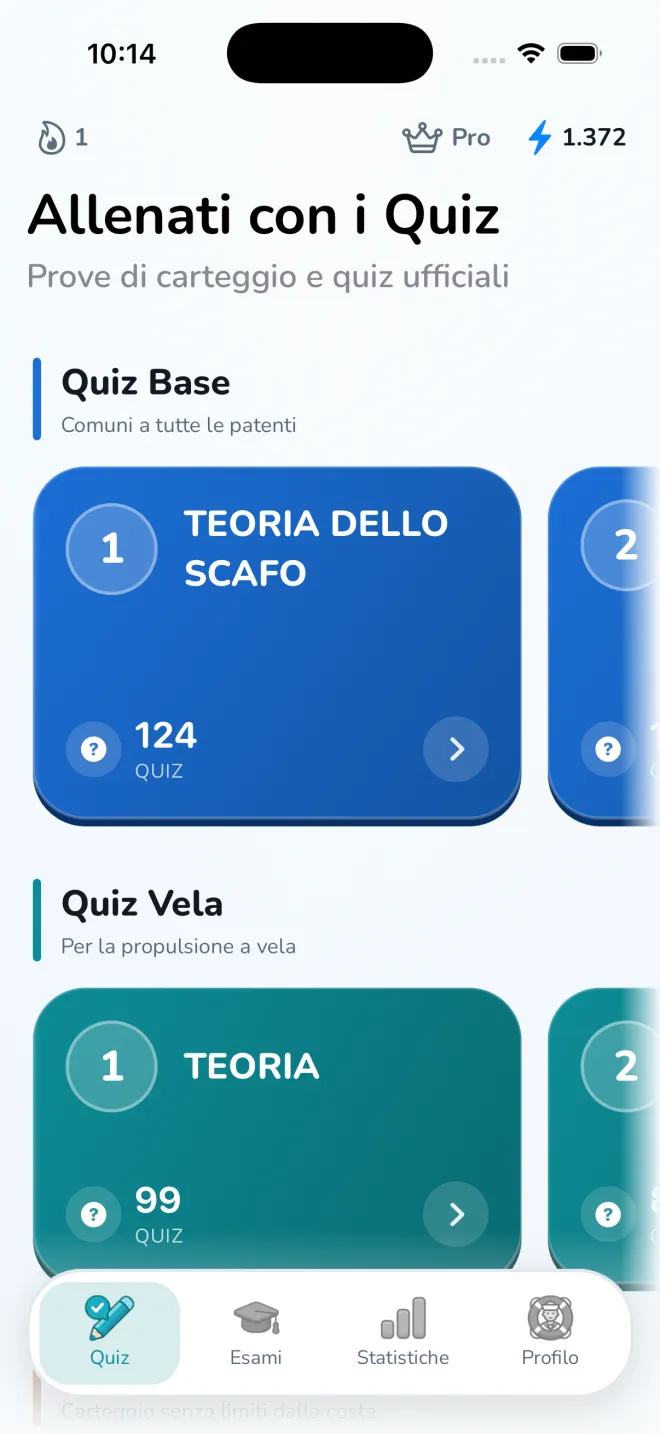 Schermata iniziale con i quiz base e i quiz vela, ognuno con il numero di domande
