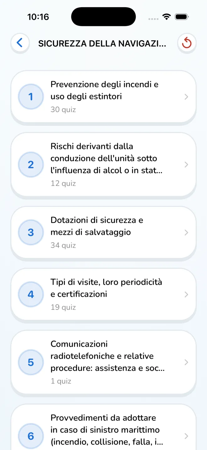 Elenco degli argomenti di una materia, con quante domande contiene ognuno